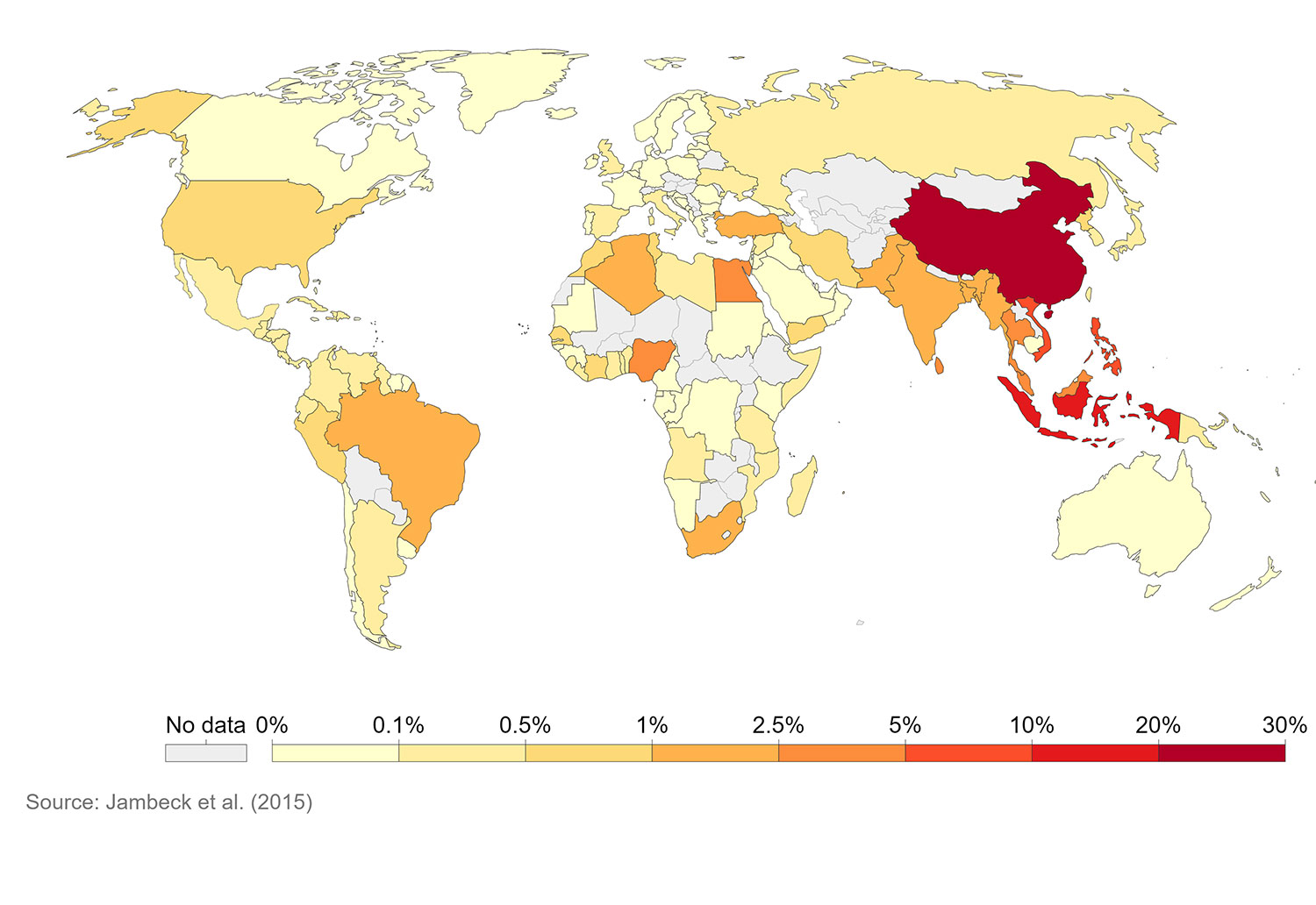 Map showing mismanaged plastic waste as a percentage per country, Hannah Ritchie and Max Roser (2020) - "Plastic Pollution". Published online at OurWorldInData.org. 'https://ourworldindata.org/plastic-pollution'