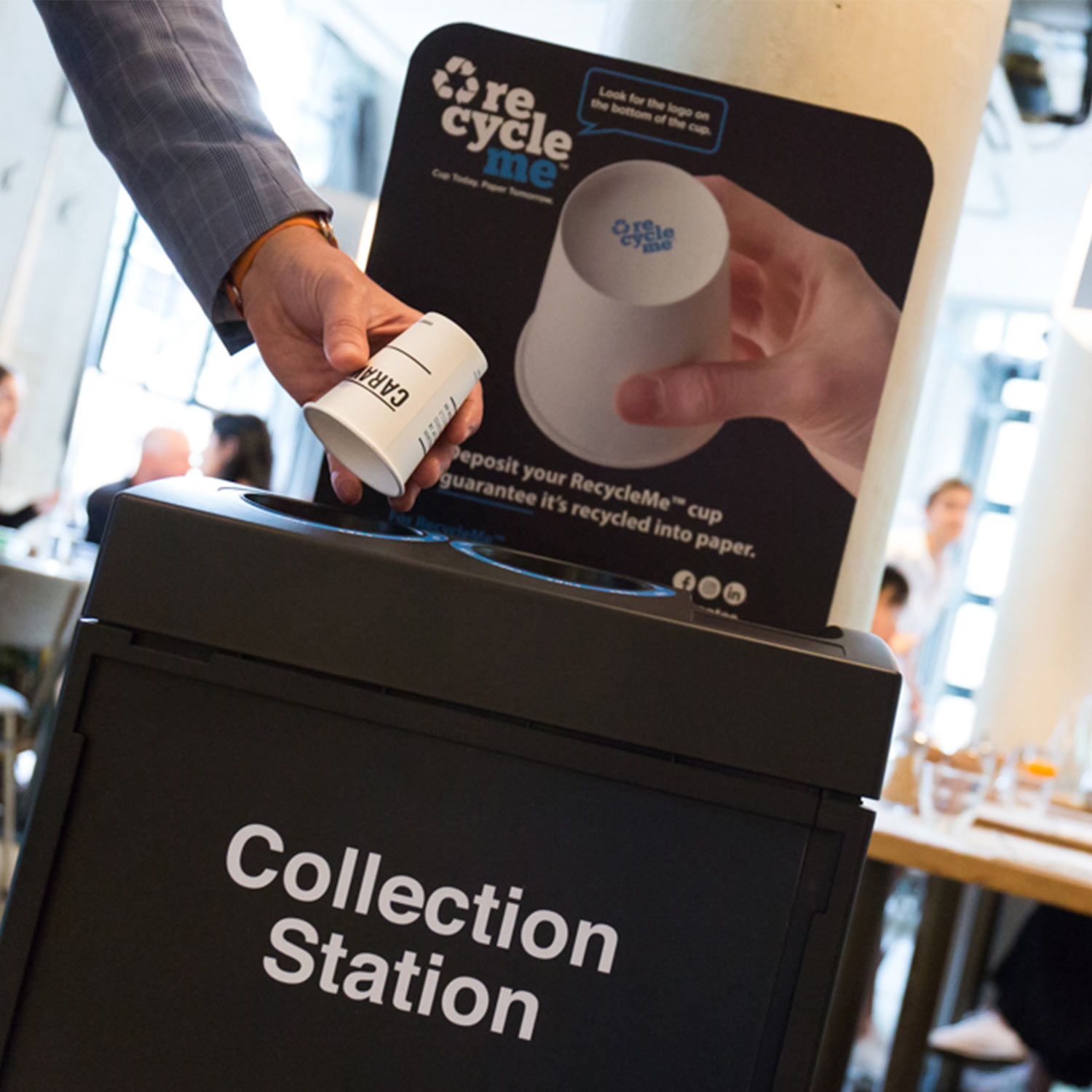 Image of a Detpak RecycleMe cup being placed in a collection station to be recycled